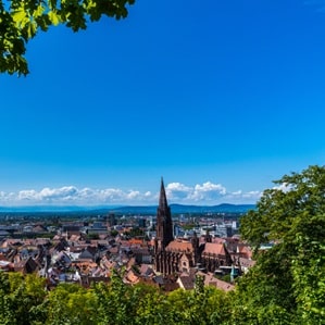 A picture of Freiburg in summer from above. You can see Freiburg Cathedral very clearly.
